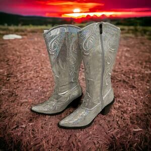 Women’s , John Fashion, Silver Bling Cowgirl Boots, Size 8